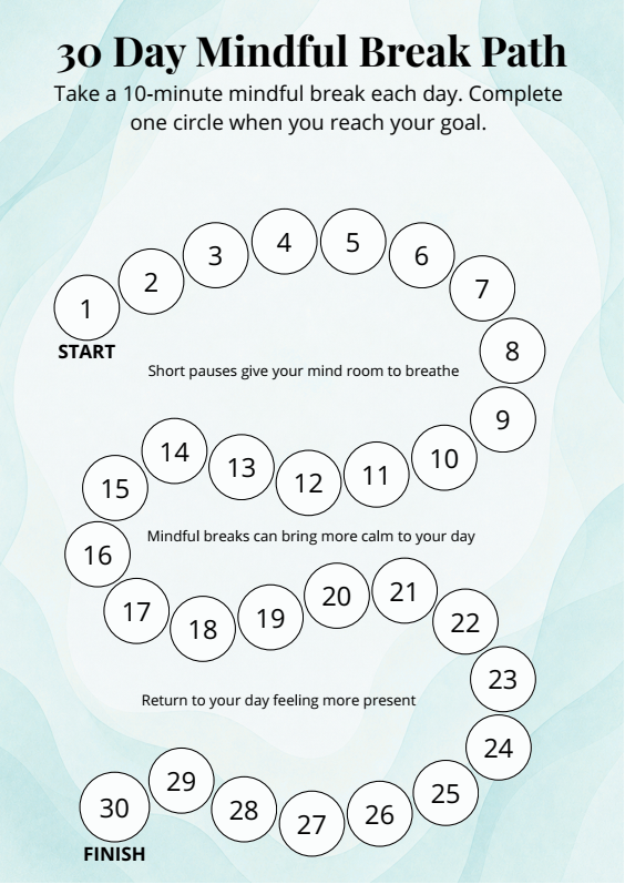 30 Day Mindful Break Path printable wellbeing tracker