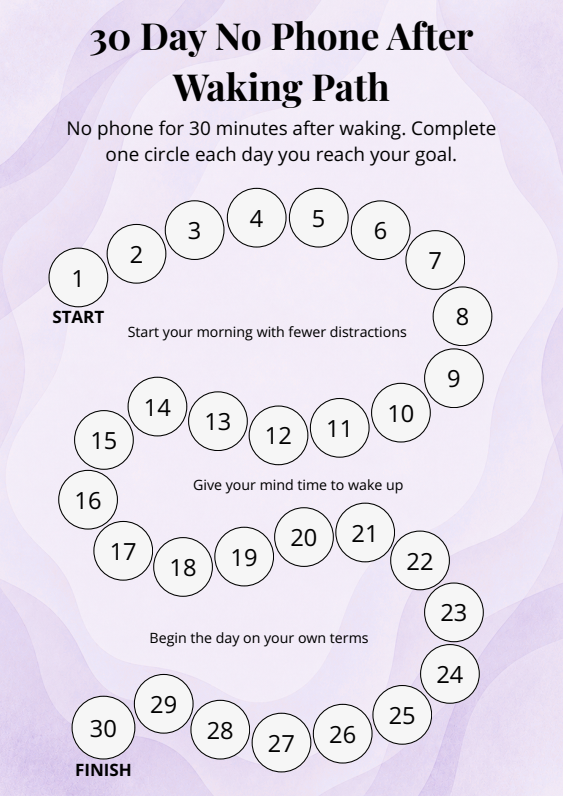 30 Day No Phone After Waking Path printable tracker
